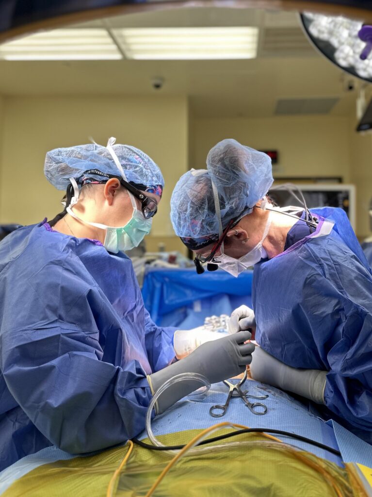Dr. Betsy Grunch performing procedure in operating room with assistance from another team member
