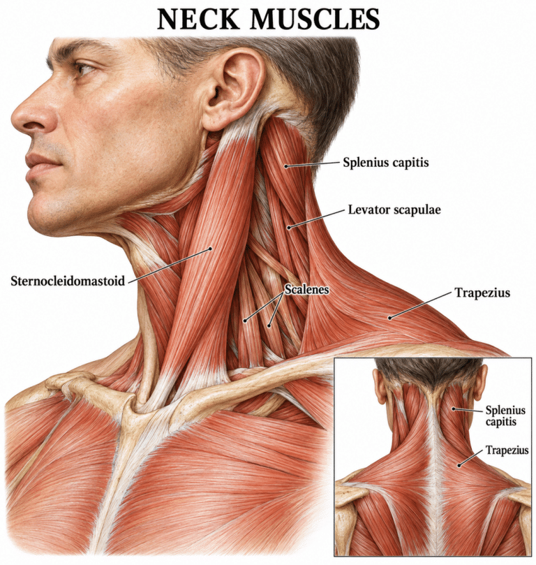 Illustration of the neck (cervical spine) showing vertebrae, discs, spinal cord and neck muscles