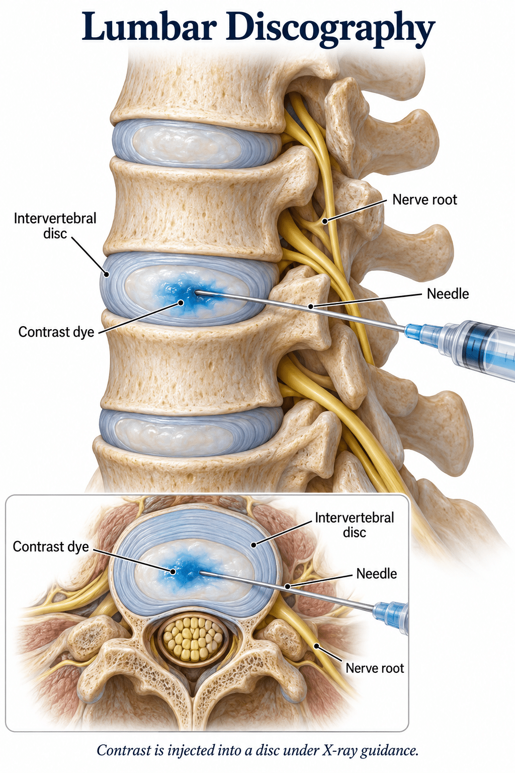 Illustration of lumbar discography, with a needle placing contrast dye into a disc under X-ray guidance