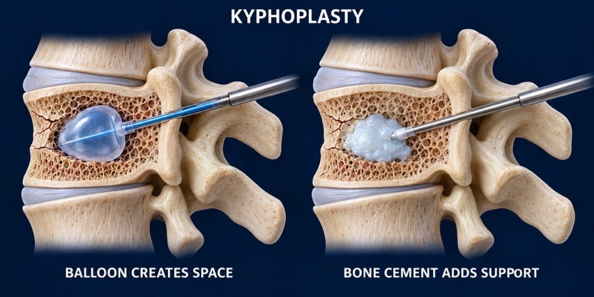 Illustration of kyphoplasty: a balloon creates space in a collapsed vertebra, then bone cement adds support