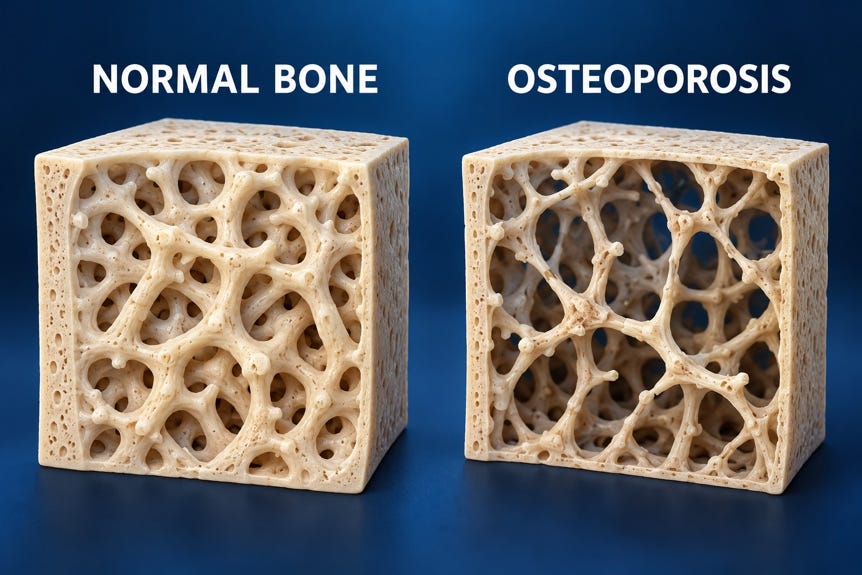 Side-by-side illustration of normal bone and osteoporotic bone, showing the thinner, more porous honeycomb inside osteoporotic bone