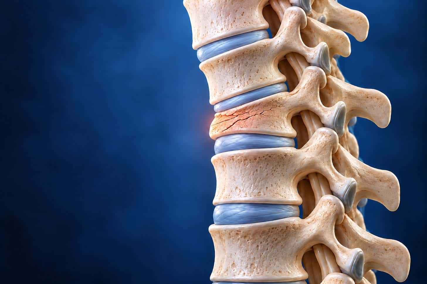 Illustration of the spine showing vertebrae and discs, representing bone loss and height loss with osteoporosis