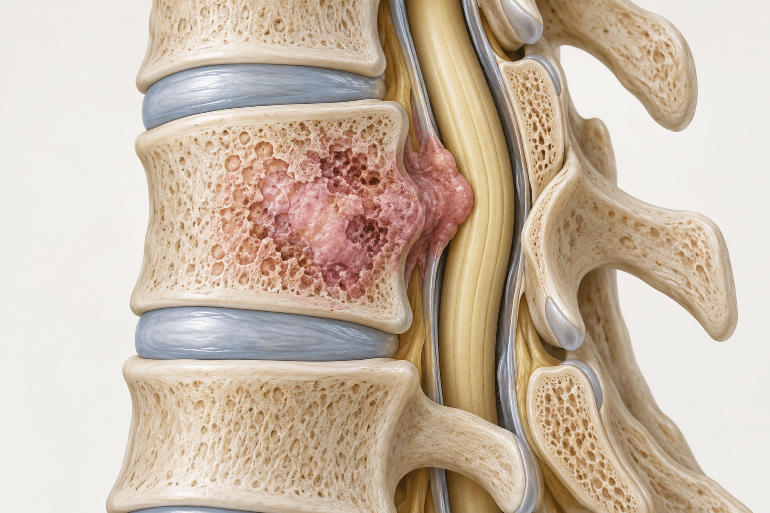 Illustration of a tumor in a vertebra of the spine pressing backward on the spinal cord