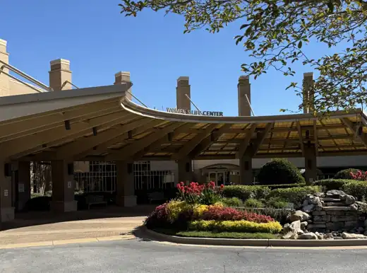 Curved canopy over the Women’s Life Center entrance at Southern Regional Medical Center in Riverdale, Georgia