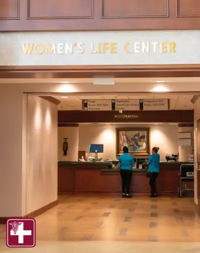 Women's Life Center sign above the registration area at Southern Regional Medical Center in Riverdale, Georgia